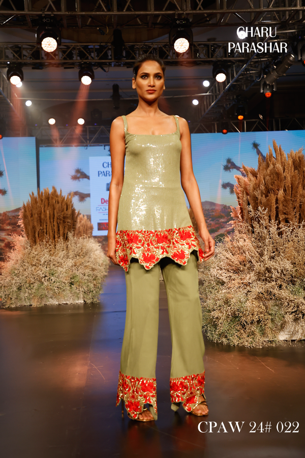 PISTA GREEN SEQUINS EMBROIDERED KURTA WITH PANTS