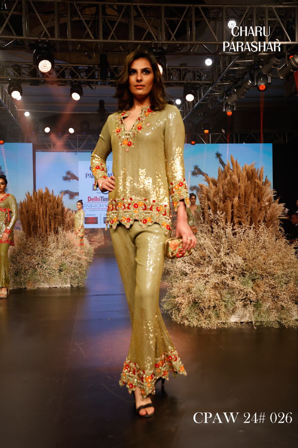 PISTA GREEN SEQUINS EMBROIDERED SHORT KURTI WITH PANTS