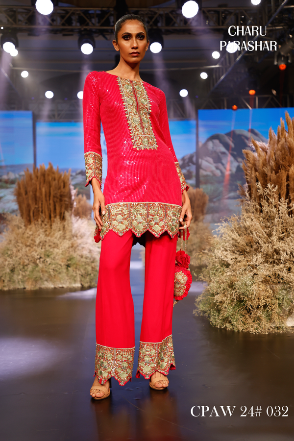 PINK SEQUINS EMBROIDERED SHORT KURTI WITH PANTS