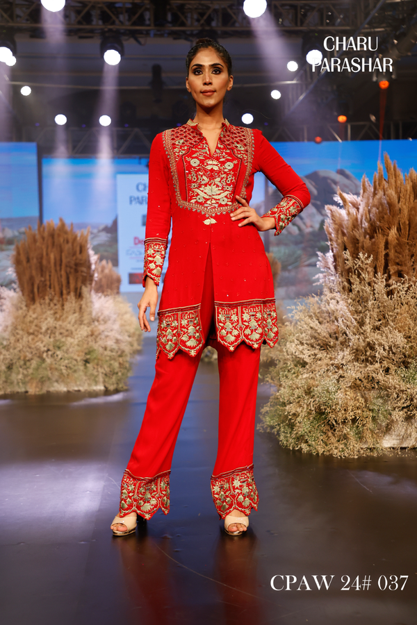 RED EMBROIDERED FRONT OPEN KURTA WITH PANTS