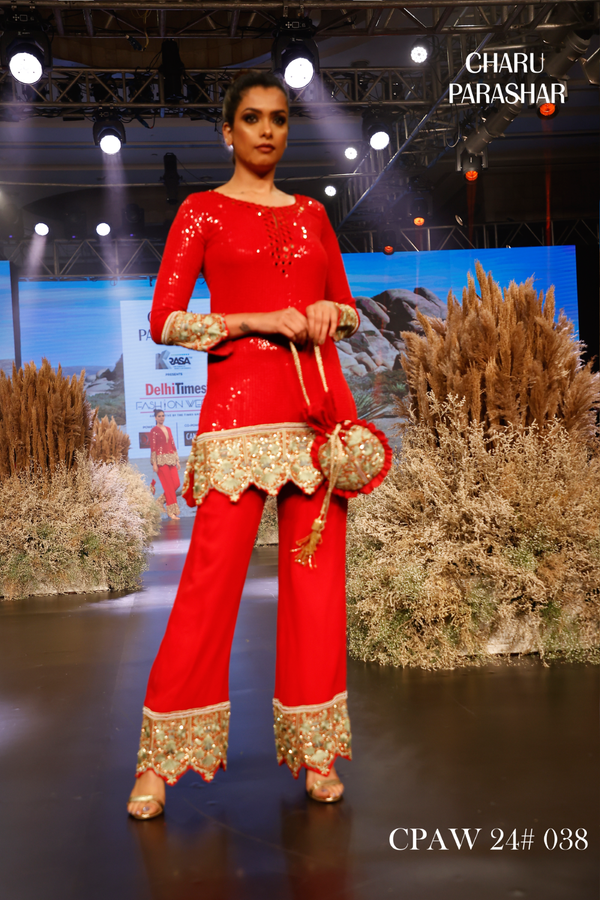 RED SEQUINS EMBROIDERED SHORT KURTI WITH PANTS