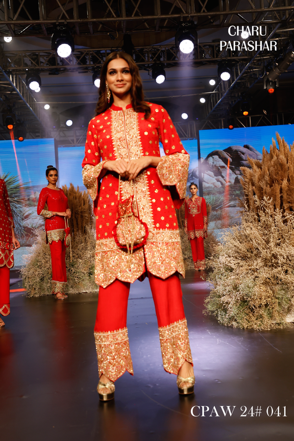 RED AND BEIGE EMBROIDERED JACKET WITH PANTS
