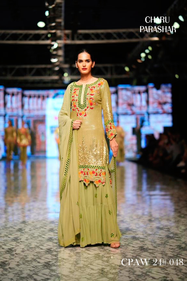 PISTA GREEN SEQUINS EMBROIDERED SHARARA SET