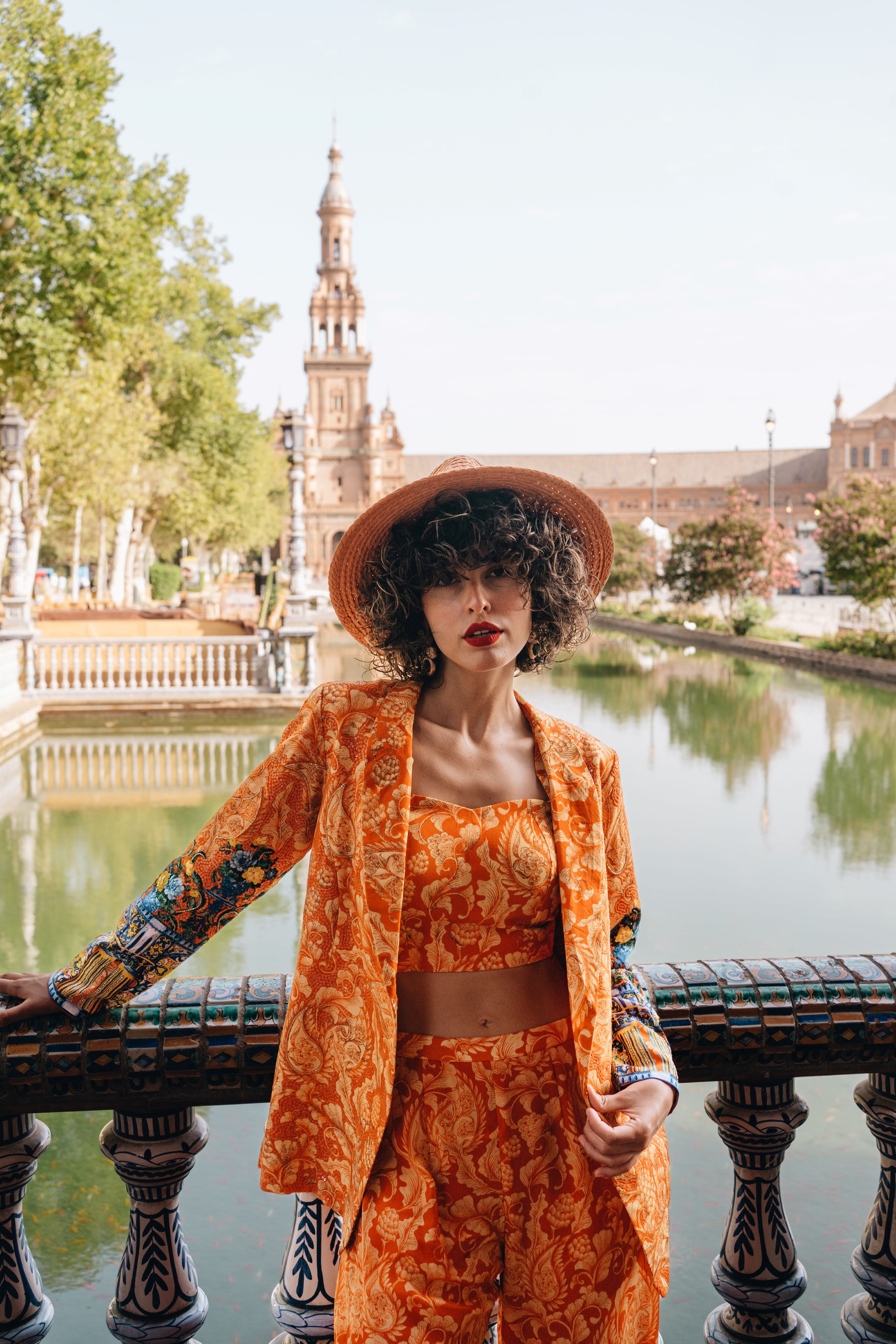 Orange Printed Blazer Pants Suit Set