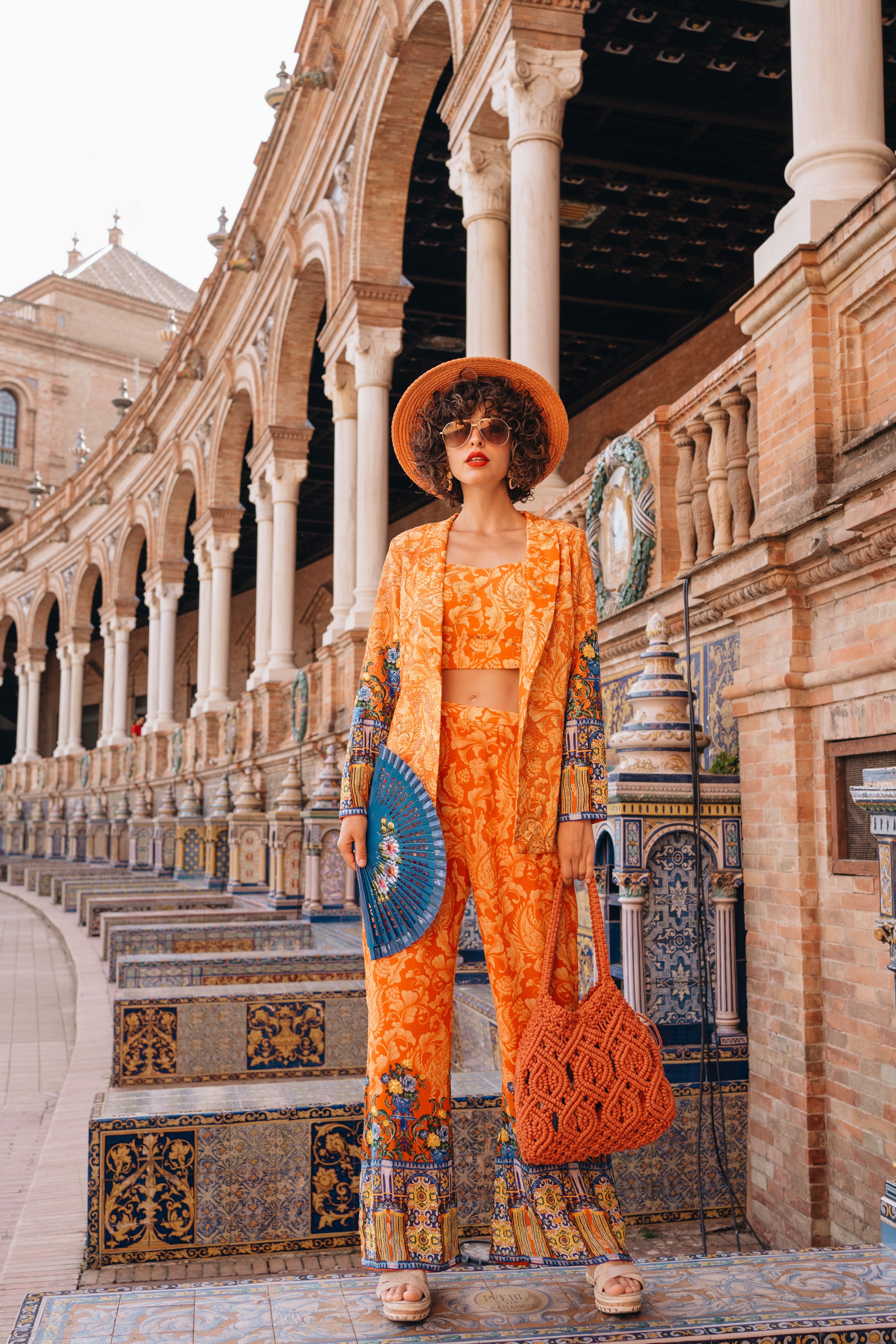 Orange Printed Blazer Pants Suit Set