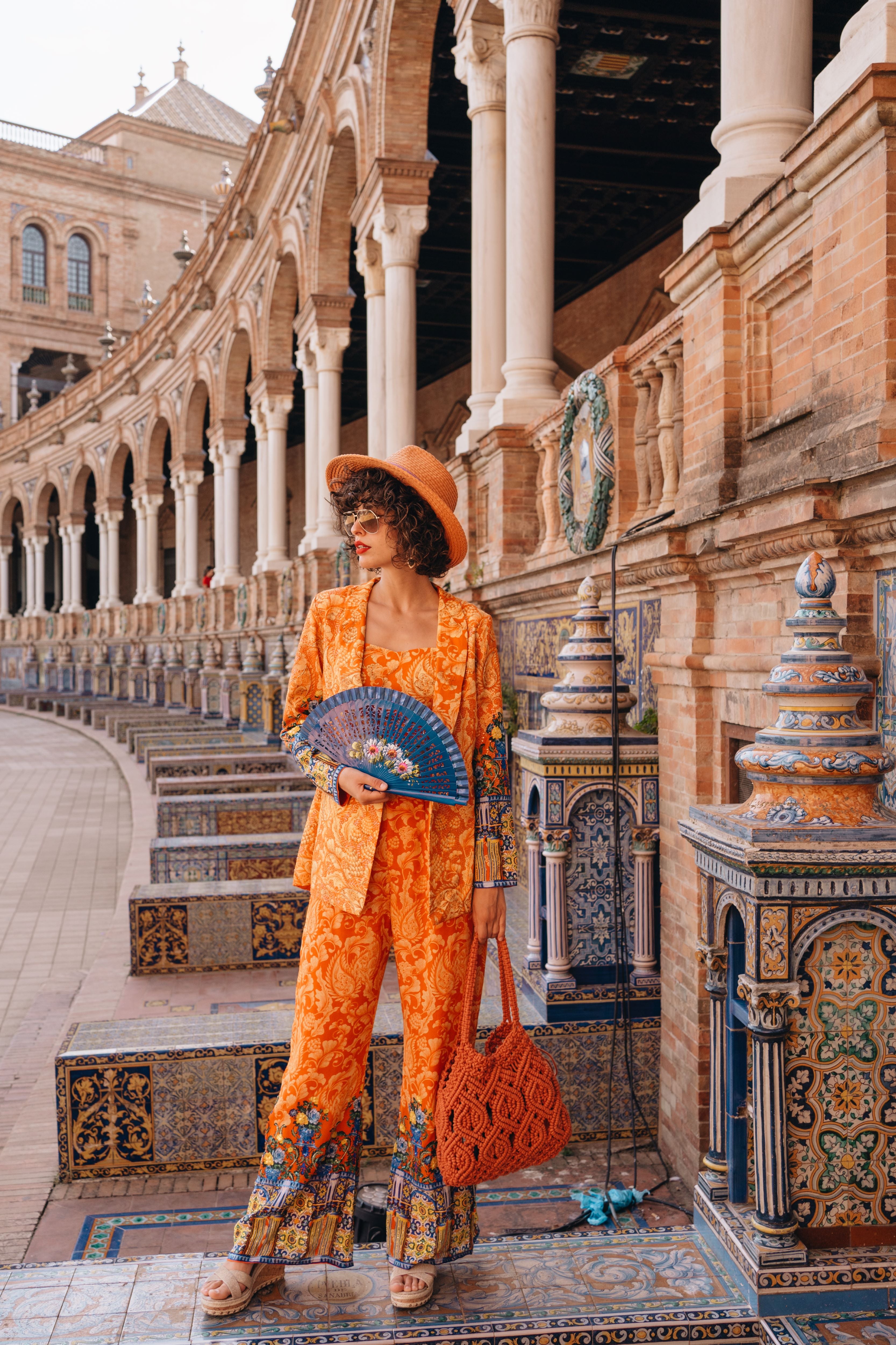 Orange Printed Blazer Pants Suit Set