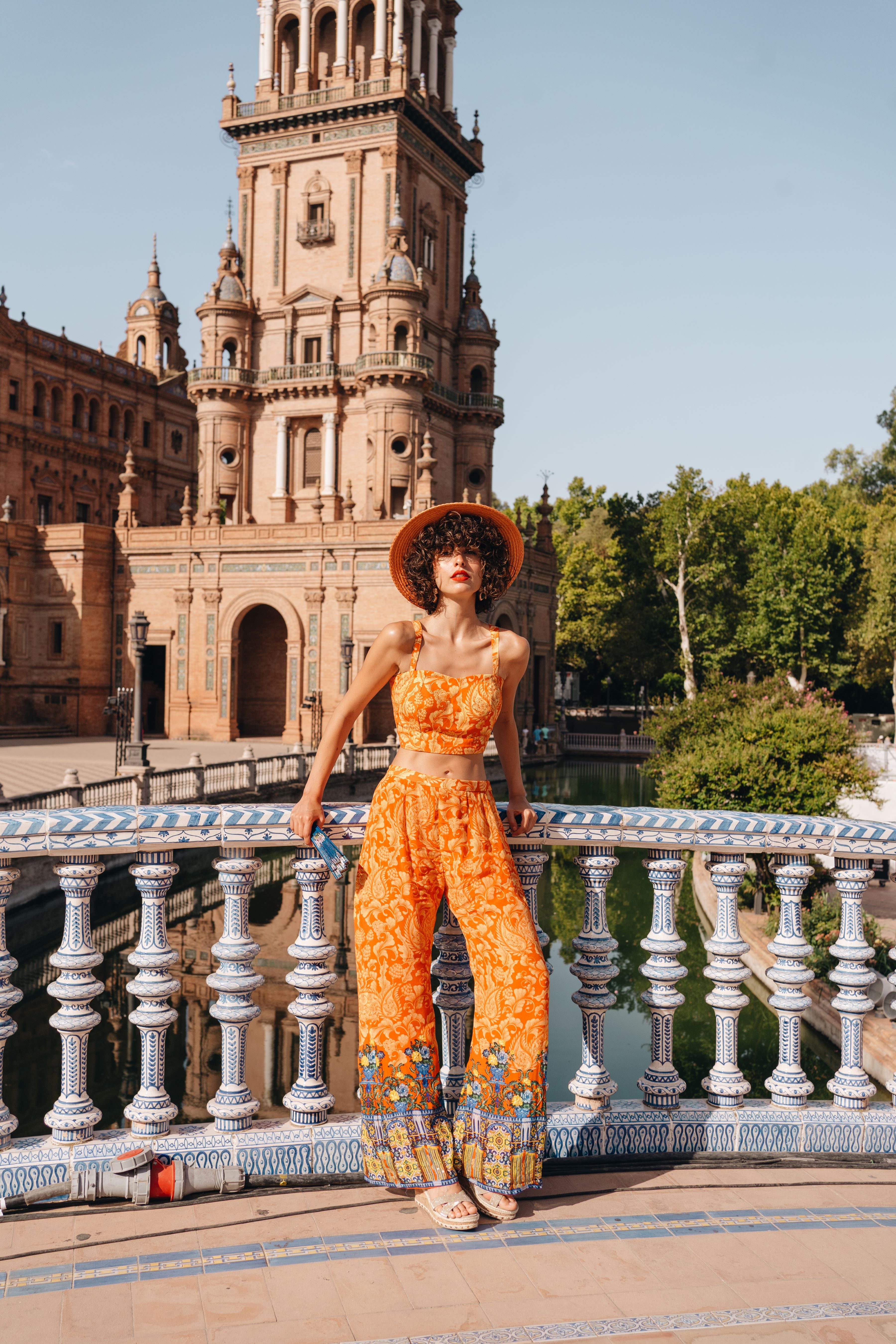 Orange Printed Bustier with Pants