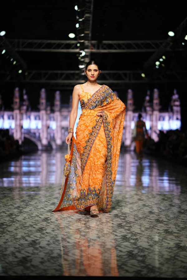 ORANGE PRINTED SAREE WITH BUSTIER