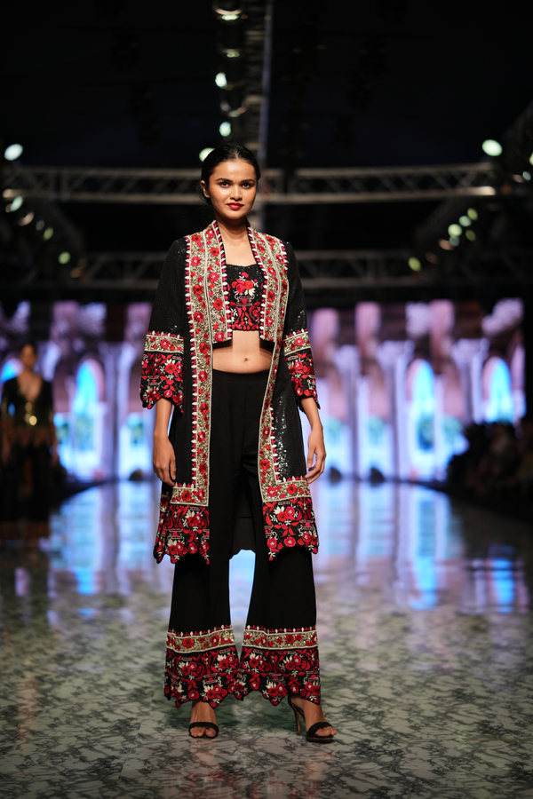 BLACK EMBROIDERED DOUBLE LAPEL JACKET WITH PANTS