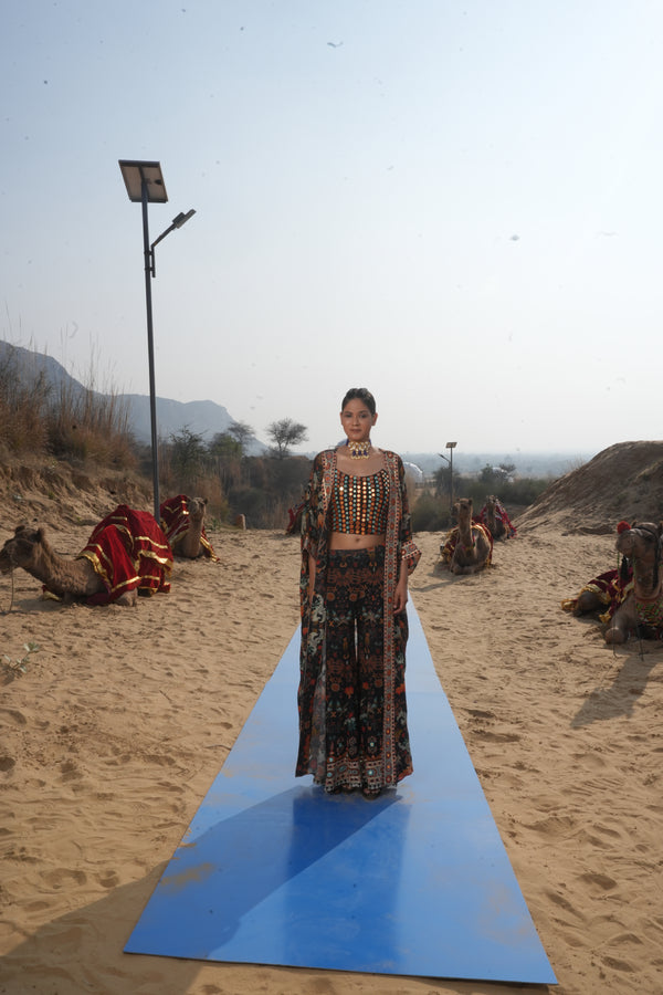 BLACK BIRD PRINTED KALI SHARARA WITH MIRRORWORK CORSET AND CAPE
