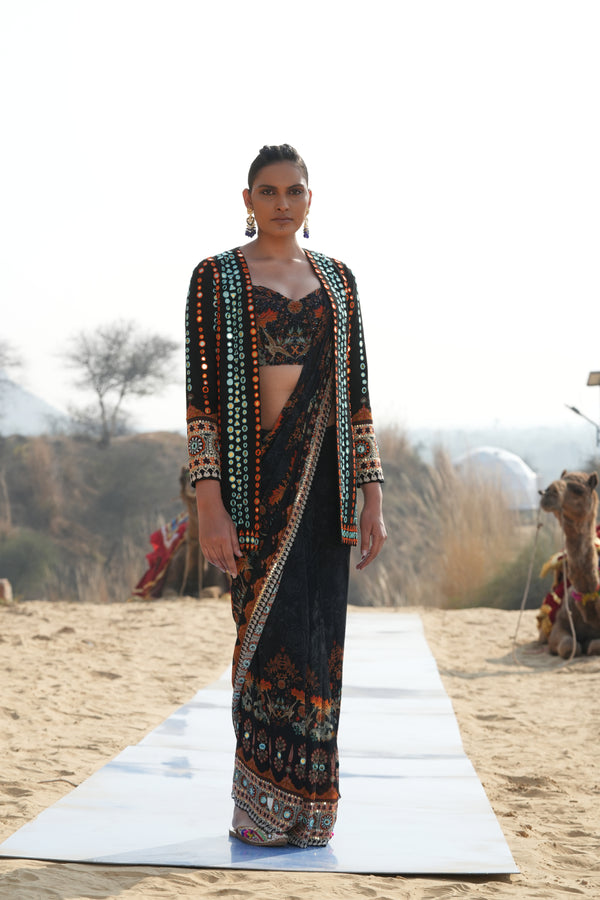 BLACK BIRD PRINTED SAREE WITH BUSTIER AND MIRRORWORK JACKET