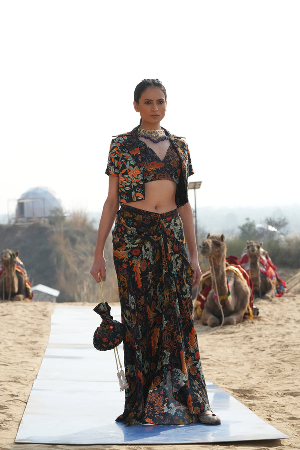 BLACK BIRD PRINTED SKIRT WITH BUSTIER AND RESHAM WORK BALERO JACKET