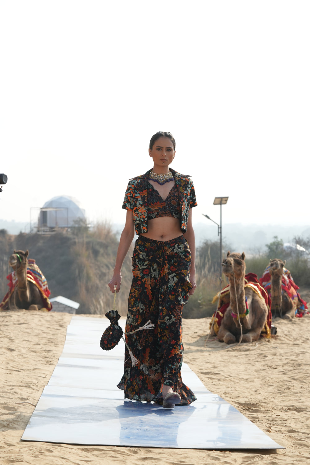 BLACK BIRD PRINTED SKIRT WITH BUSTIER AND RESHAM WORK BALERO JACKET