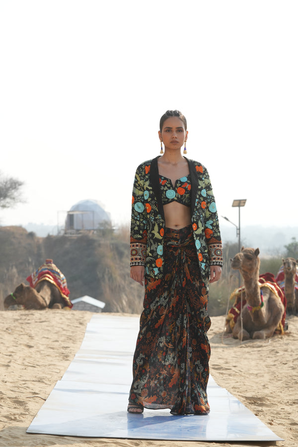 BLACK BIRD PRINTED SKIRT WITH RESHAM WORK BUSTIER AND JACKET