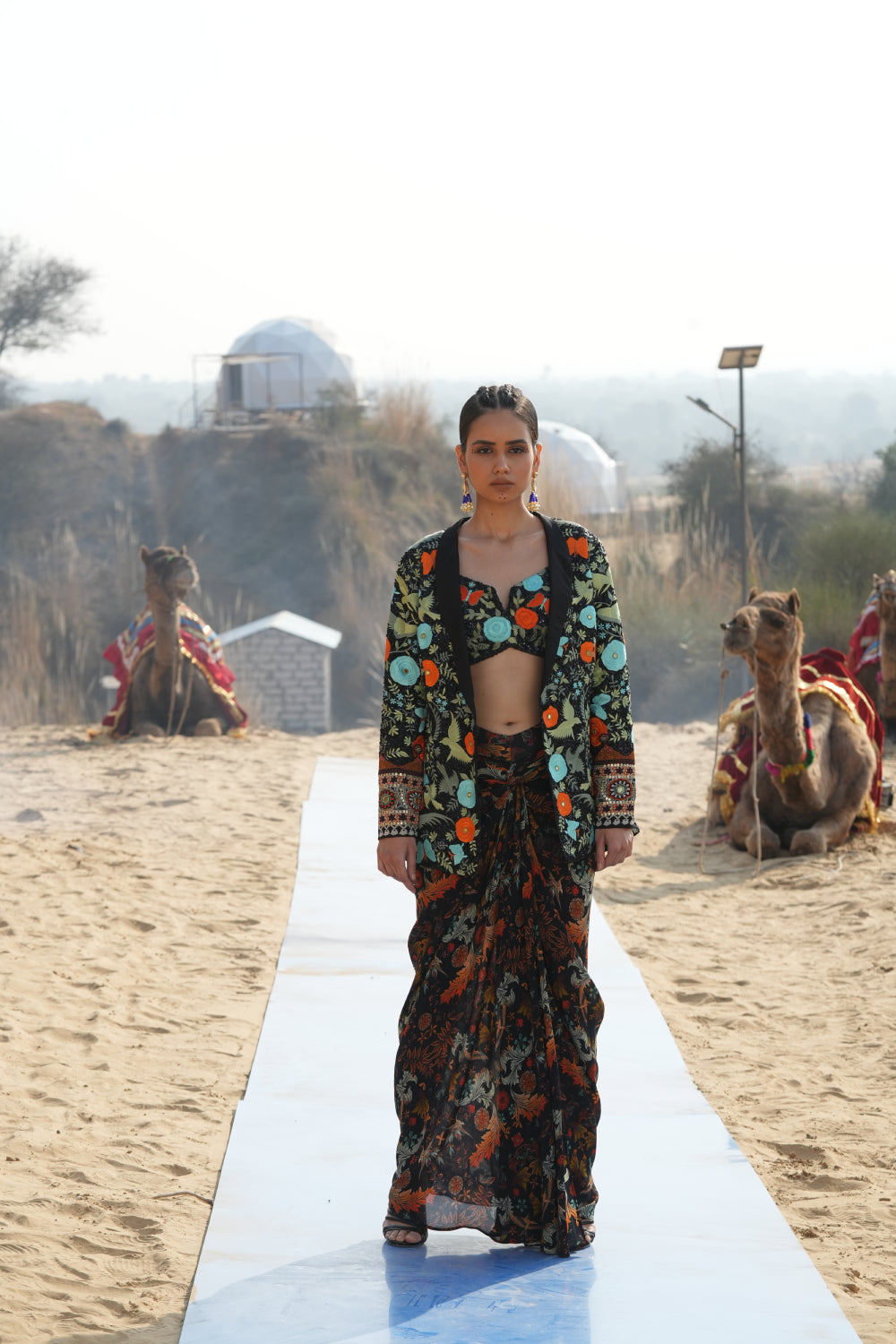 BLACK BIRD PRINTED SKIRT WITH RESHAM WORK BUSTIER AND JACKET