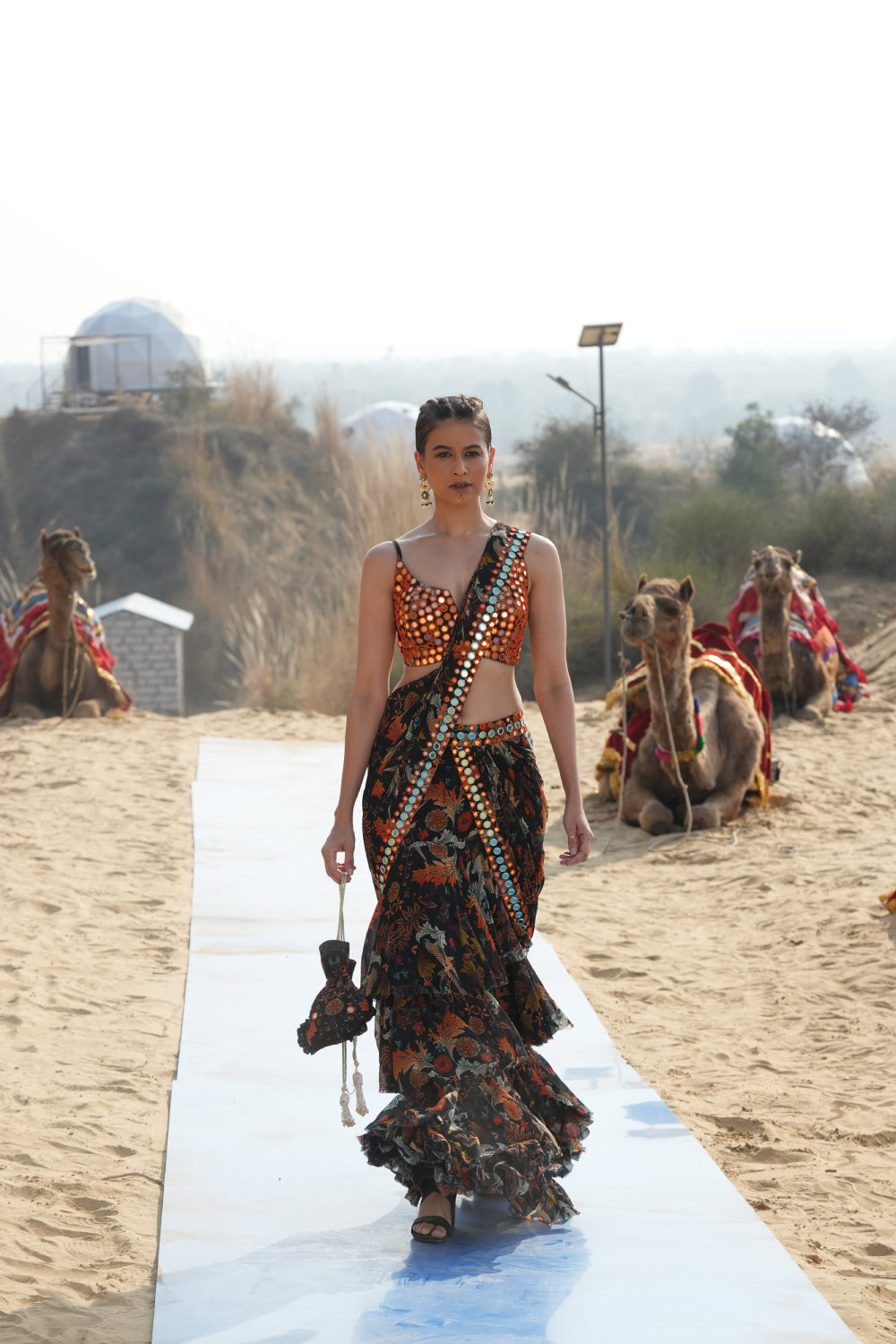 BLACK BIRD PRINTED RUFFLED SAREE WITH MIRRORWORK BUSTIER