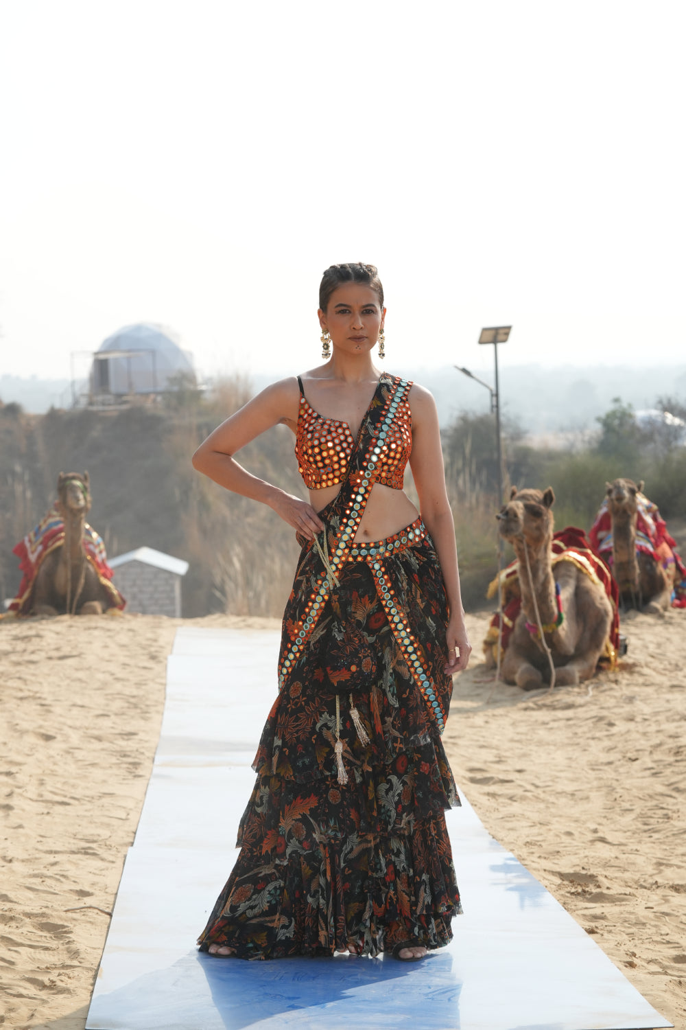BLACK BIRD PRINTED RUFFLED SAREE WITH MIRRORWORK BUSTIER