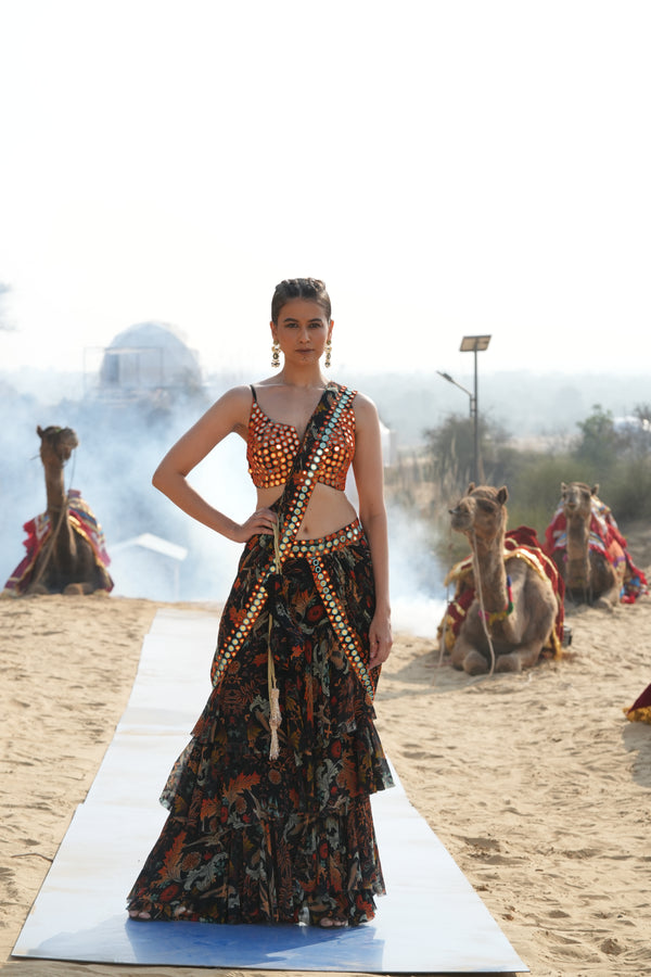 BLACK BIRD PRINTED RUFFLED SAREE WITH MIRRORWORK BUSTIER
