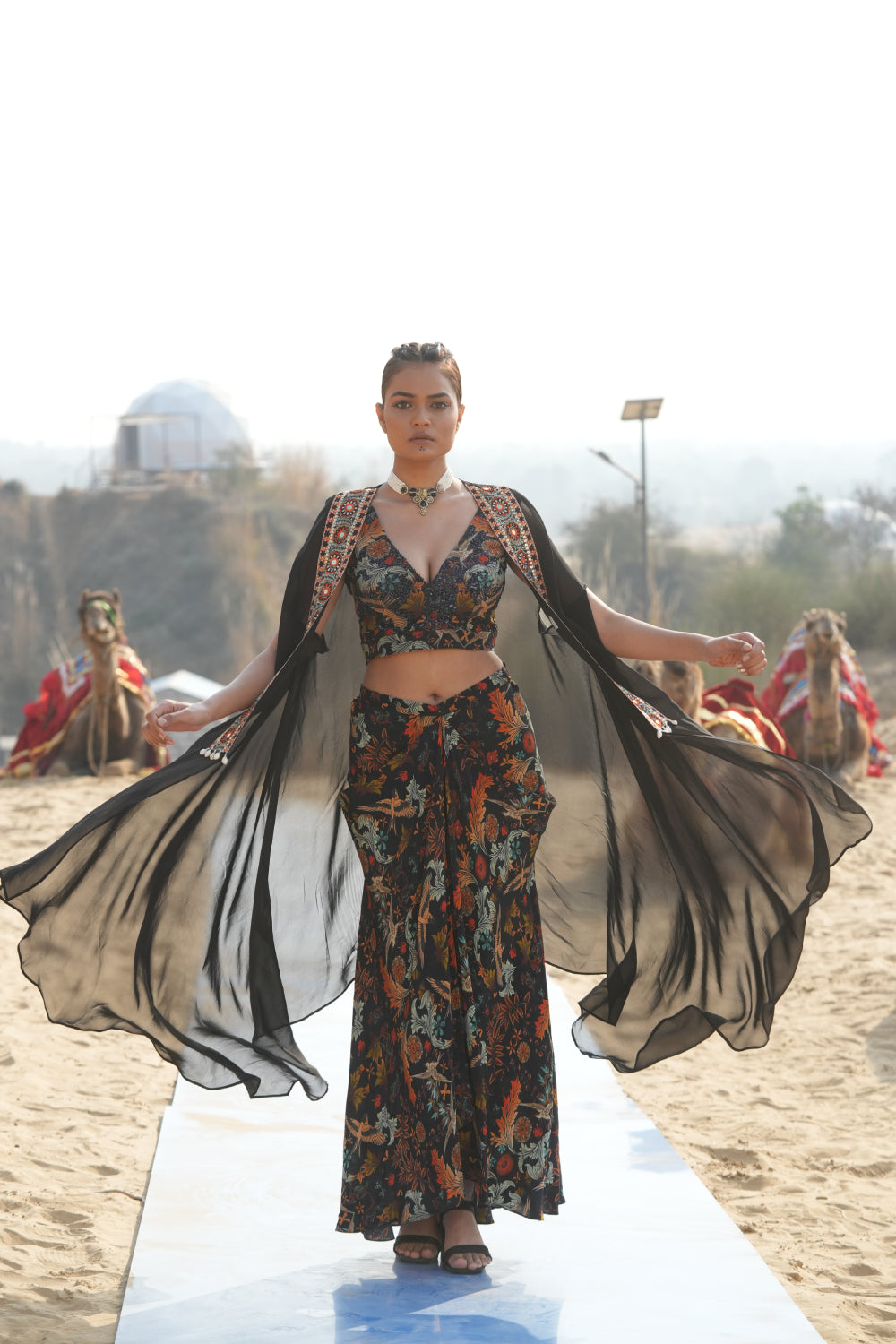 BLACK BIRD PRINTED SKIRT WITH BLOUSE AND ORGANZA CAPE