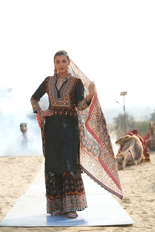 BLACK BIRD PRINT SHARARA WITH SEQUINS KURTA AND PRINTED DUPATTA