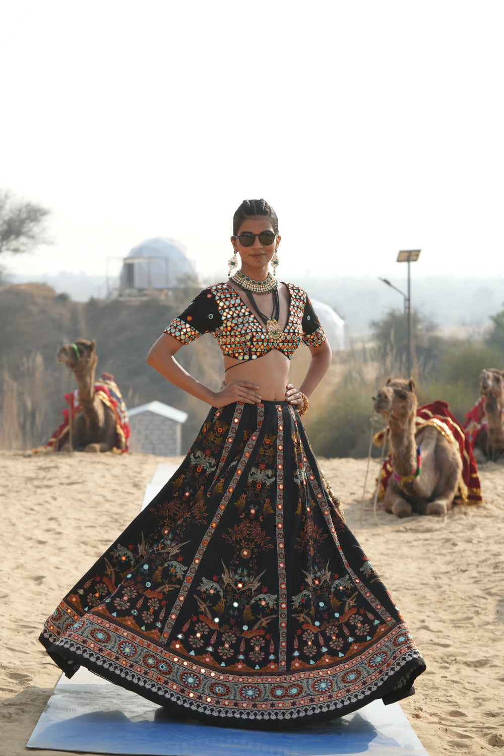 BLACK BIRD PRINTED LEHENGA WITH MIRRORWORK BLOUSE AND PRINTED DUPATTA