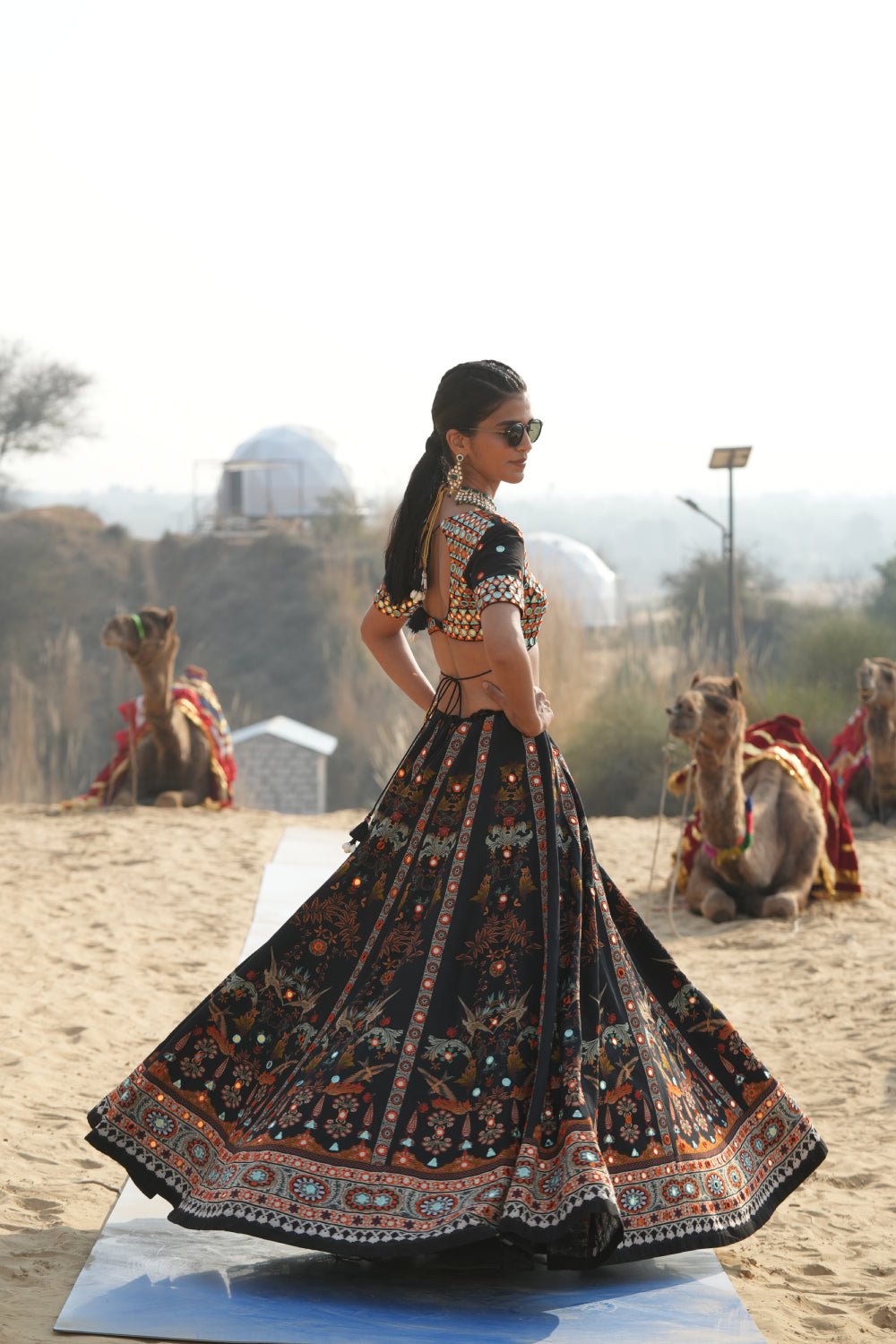 BLACK BIRD PRINTED LEHENGA WITH MIRRORWORK BLOUSE AND PRINTED DUPATTA
