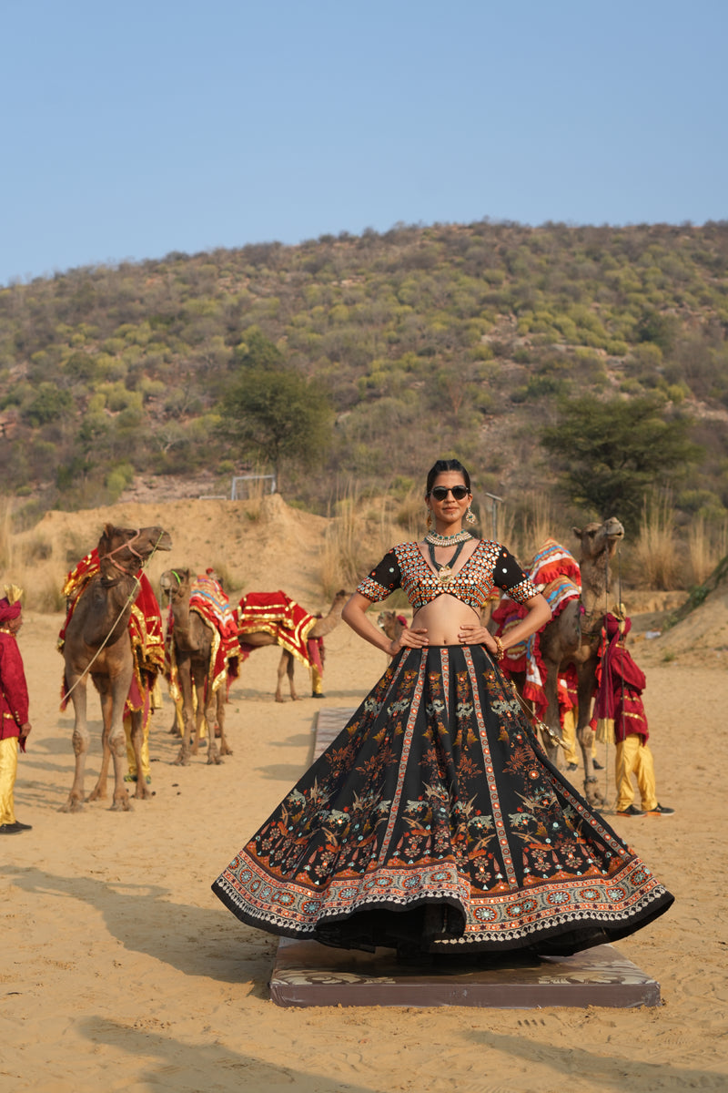 BLACK BIRD PRINTED LEHENGA WITH MIRRORWORK BLOUSE AND PRINTED DUPATTA