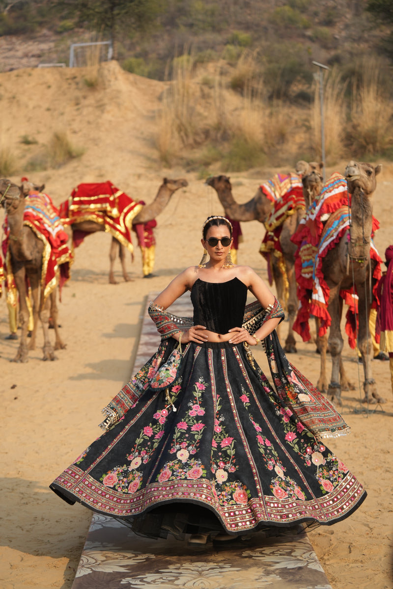 BLACK ROSE PRINTED LEHANGA WITH VELVET CORSET AND PRINTED DUPATTA