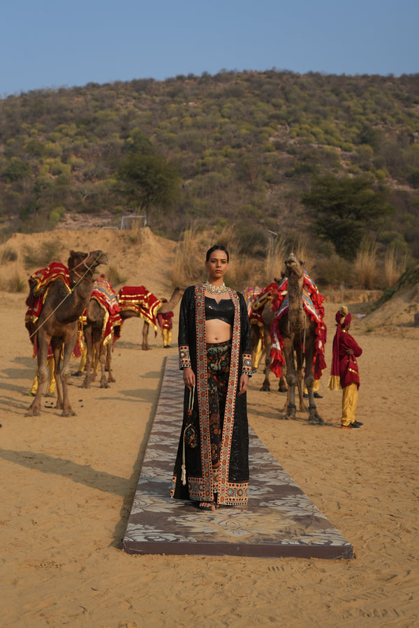 BLACK BIRD PRINTED PANTS WITH SEQUINS BUSTIER AND JACKET