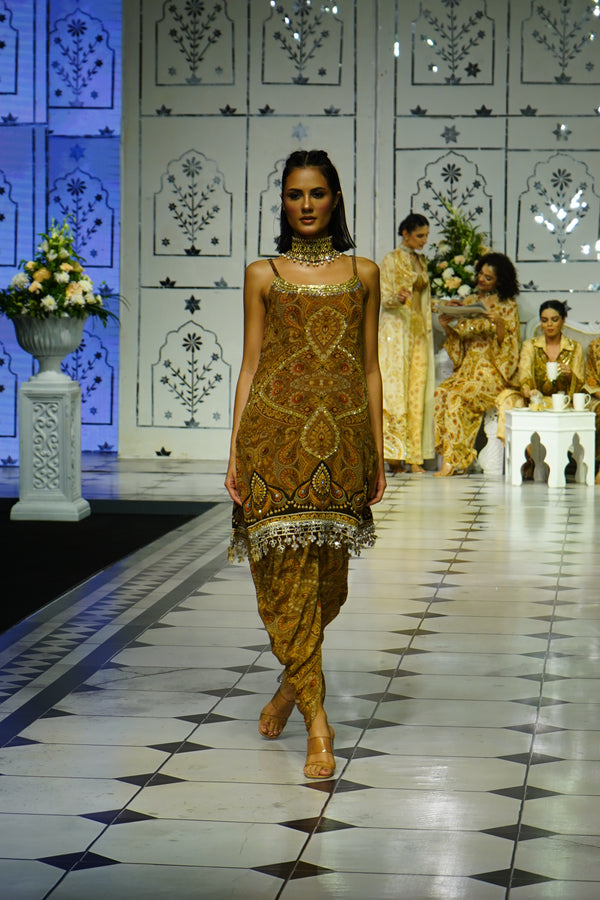 BROWN JEWEL PRINTED KURTA WITH DHOTI