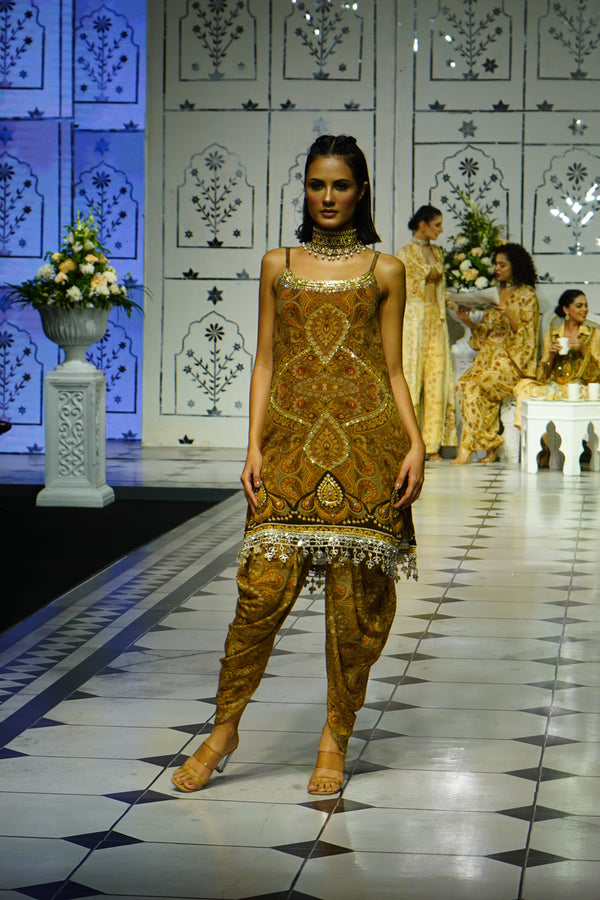 BROWN JEWEL PRINTED KURTA WITH DHOTI