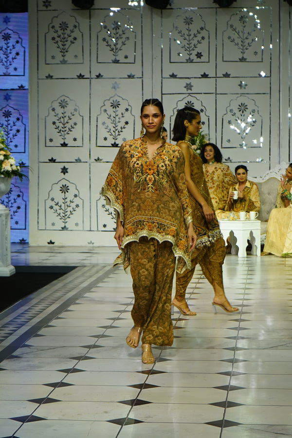 BROWN FLORAL DIGITAL PRINT KAFTAN TOP AND PANTS