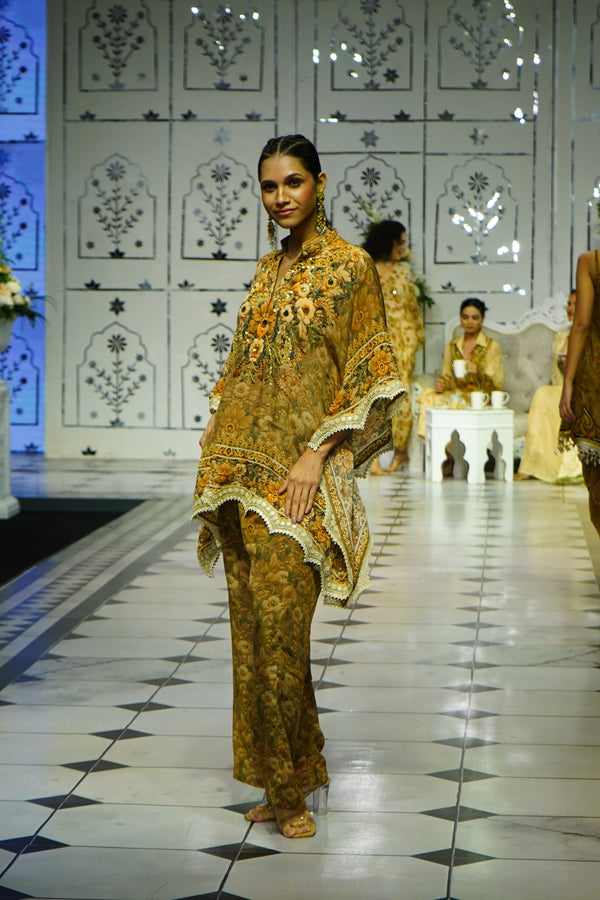 BROWN FLORAL DIGITAL PRINT KAFTAN TOP AND PANTS