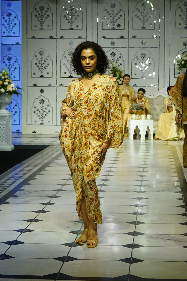 IVORY JEWEL PRINTED DRAPE DRESS