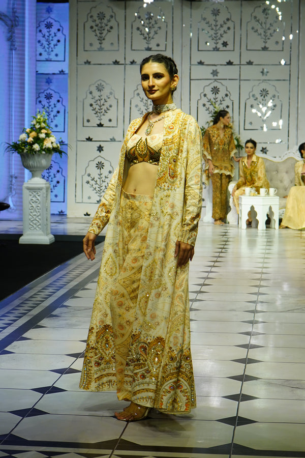 IVORY JEWEL PRINTED LONG JACKET WITH BUSTIER AND PANTS
