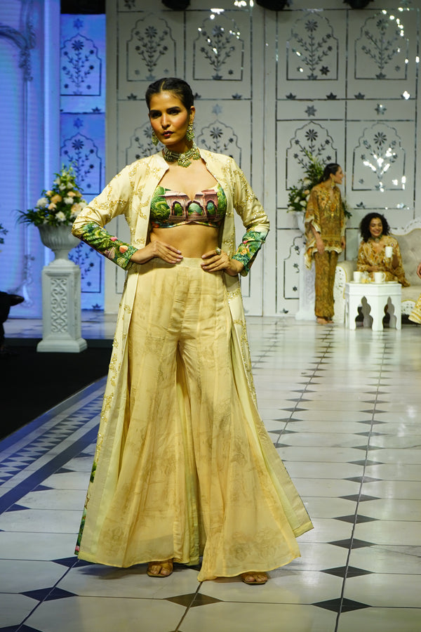IVORY MUGHAL PRINTED LONG JACKET WITH BUSTIER AND PANTS