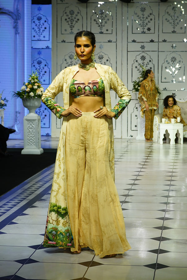 IVORY MUGHAL PRINTED LONG JACKET WITH BUSTIER AND PANTS