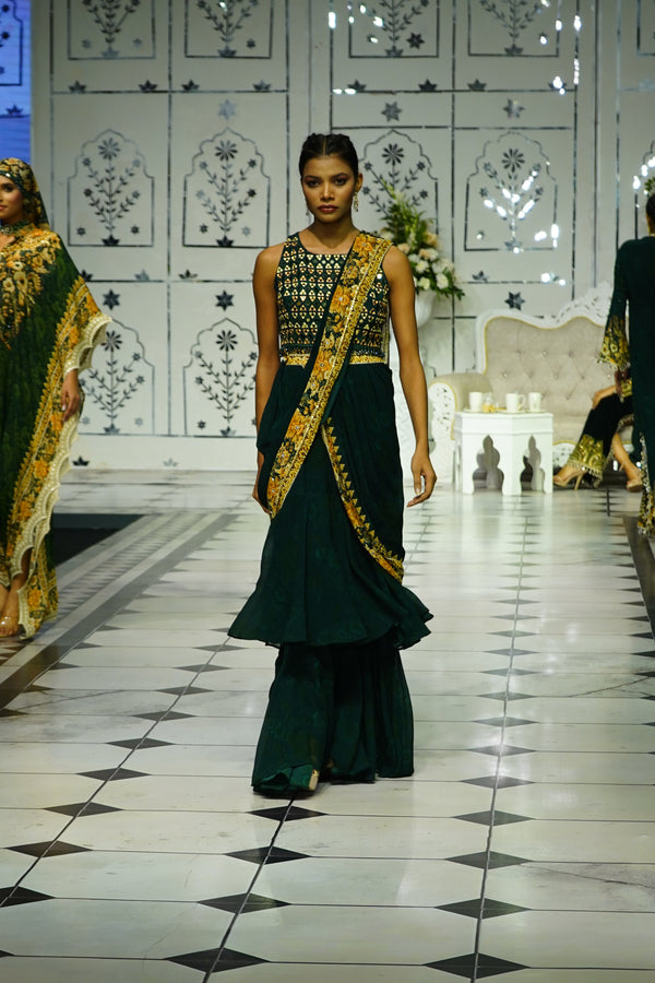 FOREST GREEN PRINTED SAREE WITH HALTER BLOUSE