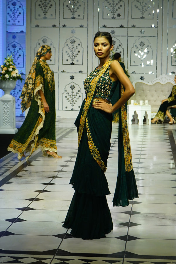 FOREST GREEN PRINTED SAREE WITH HALTER BLOUSE