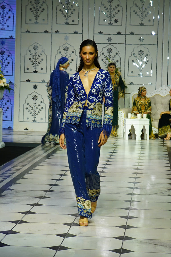 ELECTRIC BLUE EMBROIDERED JACKET WITH SEQUINS PANTS