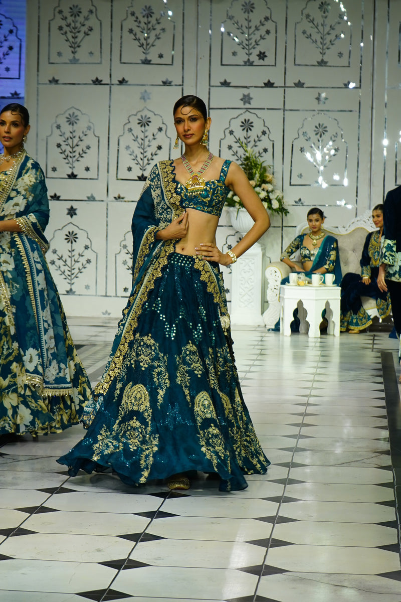 TEAL DIGITAL PRINTED LEHANGA WITH BUSTIER AND DUPATTA