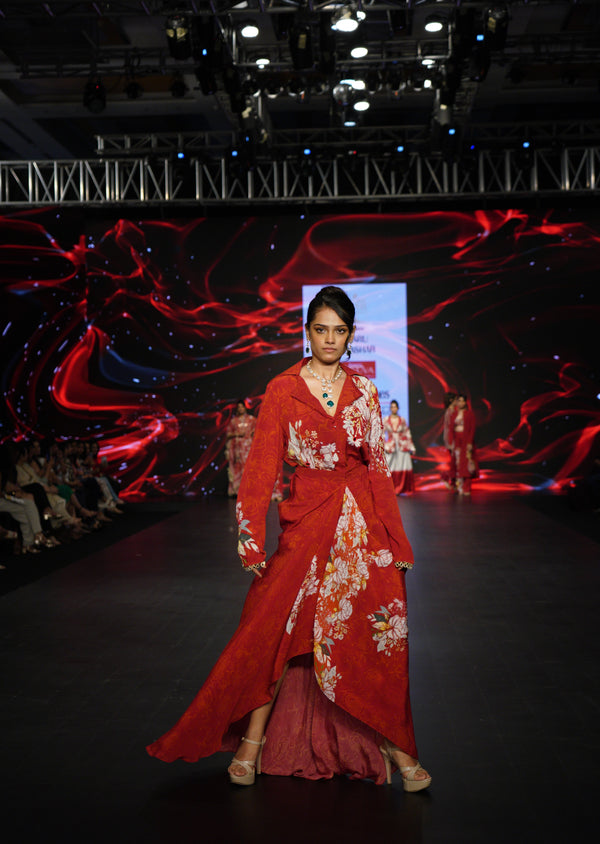 RED PRINTED SHIRT WITH DRAPE SKIRT