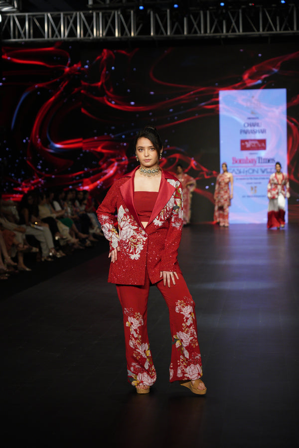 RED PRINTED SEQUINS BLAZER PANTS SUIT SET