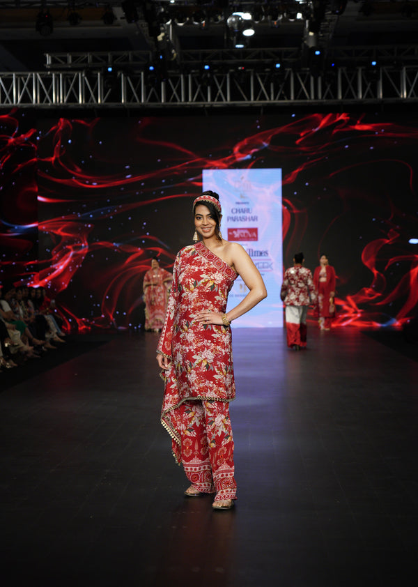 RED PRINTED ONE SHOULDER TOP WITH PANTS
