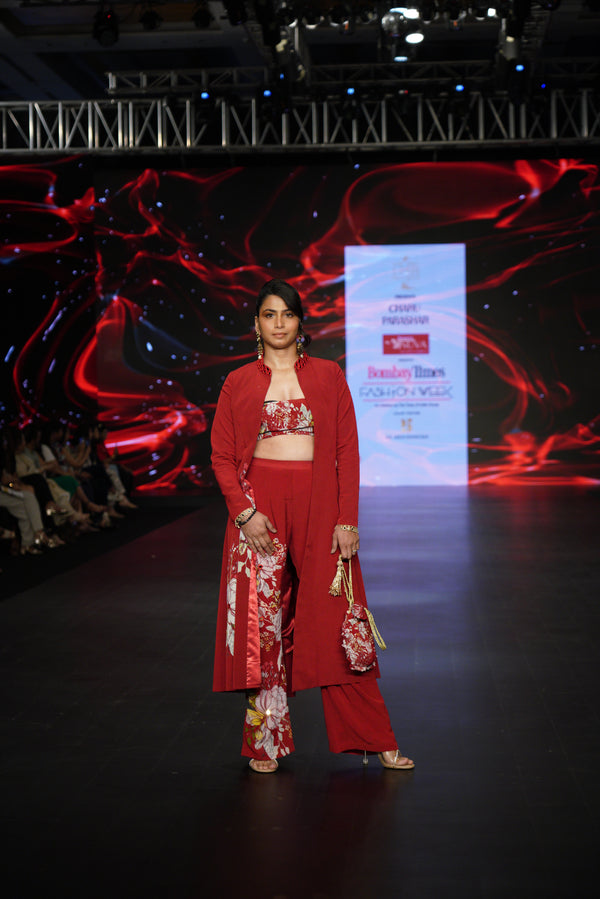RED PRINTED COAT WITH BUSTEIR AND PANTS