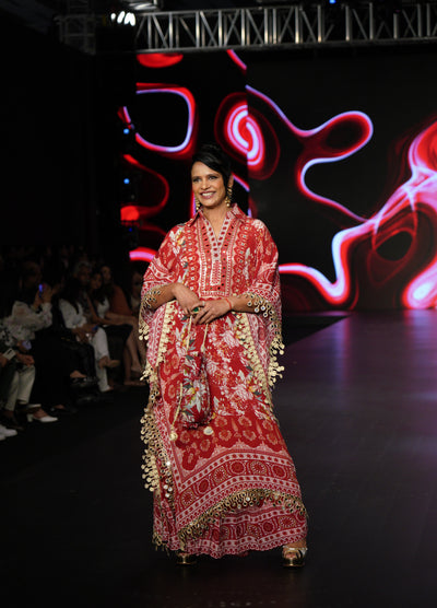 RED FLORAL PRINTED SQUARE KAFTAN WITH SHARARA