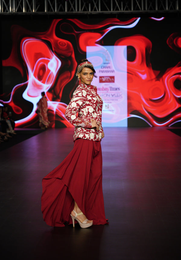RED EMBROIDERED BLAZER WITH DRAPE SKIRT