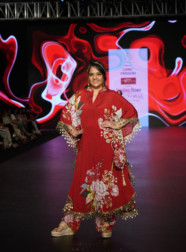 RED PRINTED SQUARE KAFTAN WITH PANTS