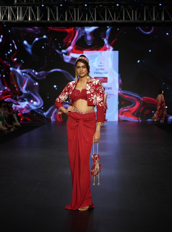 RED RESHAM WORK SHORT JACKET WITH SKIRT AND BUSTIER