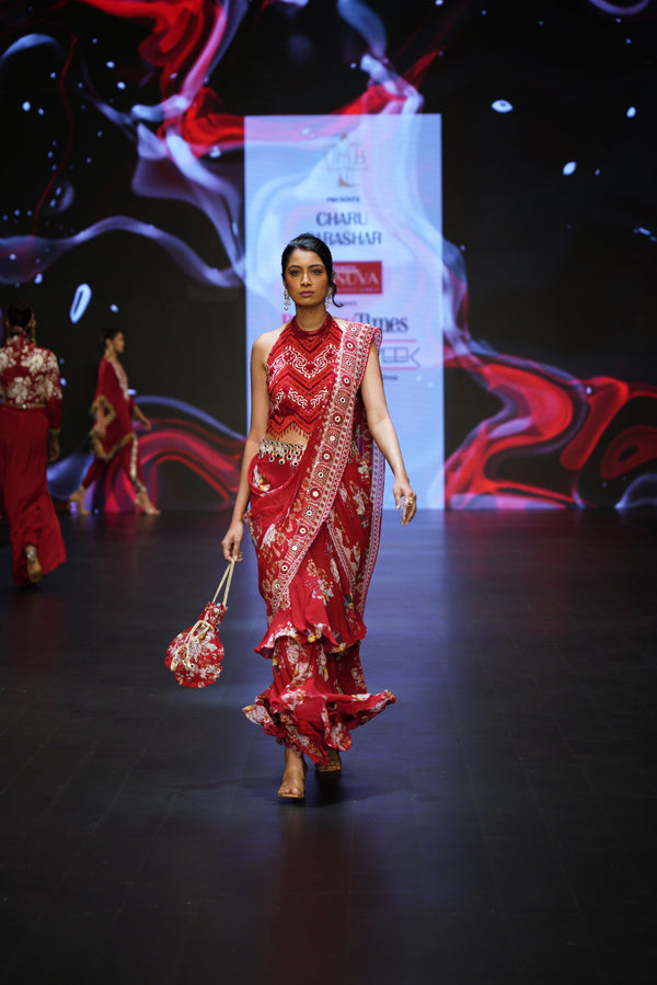 RED FLORAL PRINTED SAREE WITH EMBROIDERED HALTER BLOUSE
